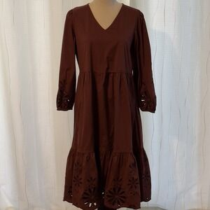 CHICO'S Sz 00 M/L Brown Stretch Cotton Poplin Eyelet Midi Dress Vneck 3/4 Sleeve